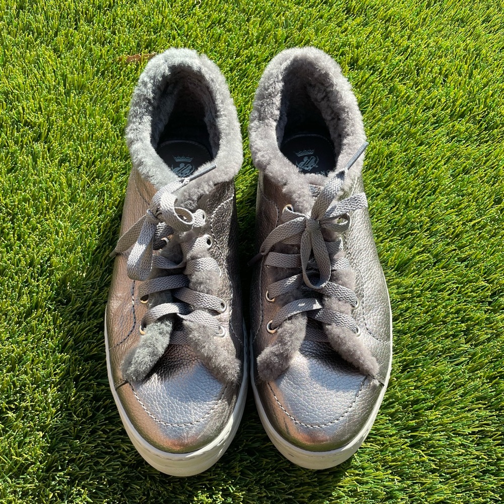 Camerlengo metallic gray silver and shearling platform sneaker size 39